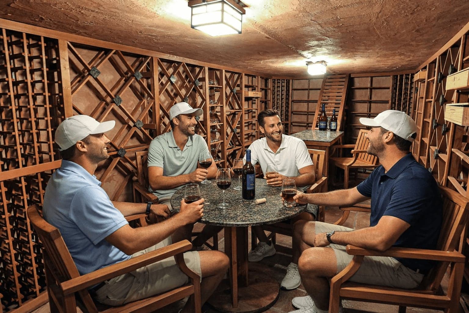 Friends gathered around the table in the private wine cellar